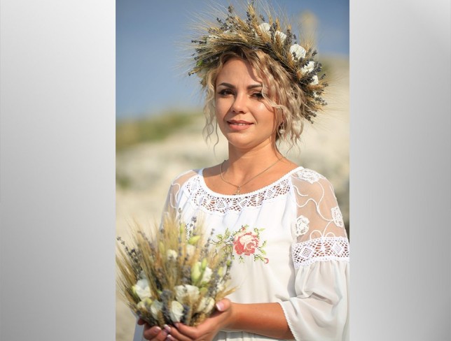 Set: Bridal Bouquet and Head Wreath with Wheat Stalks and White Lisianthus photo